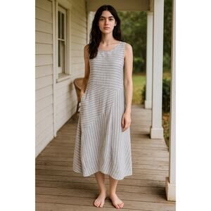 J.Jill Love Linen 100% Linen Striped Midi Dress Gray White Petite Medium